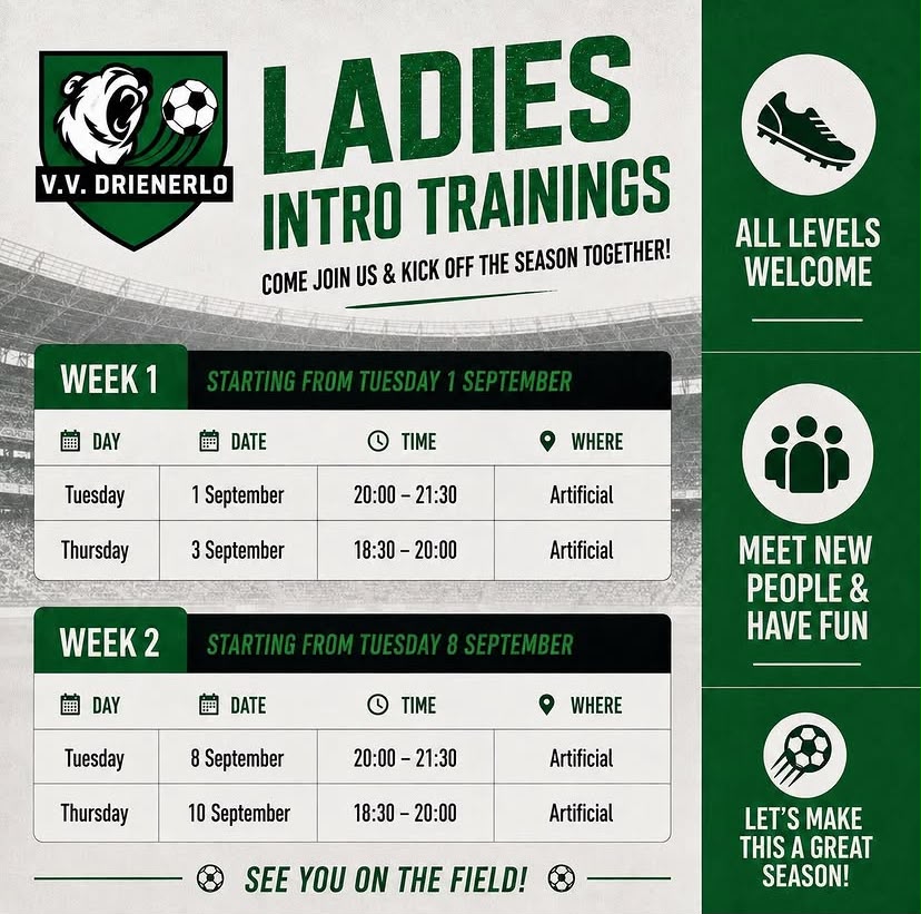 Ladies intro trainings: Week 1 starting Tuesday 1 September and Week 2 starting Tuesday 8 September, Tuesday and Thursday sessions on the artificial pitch, all levels welcome